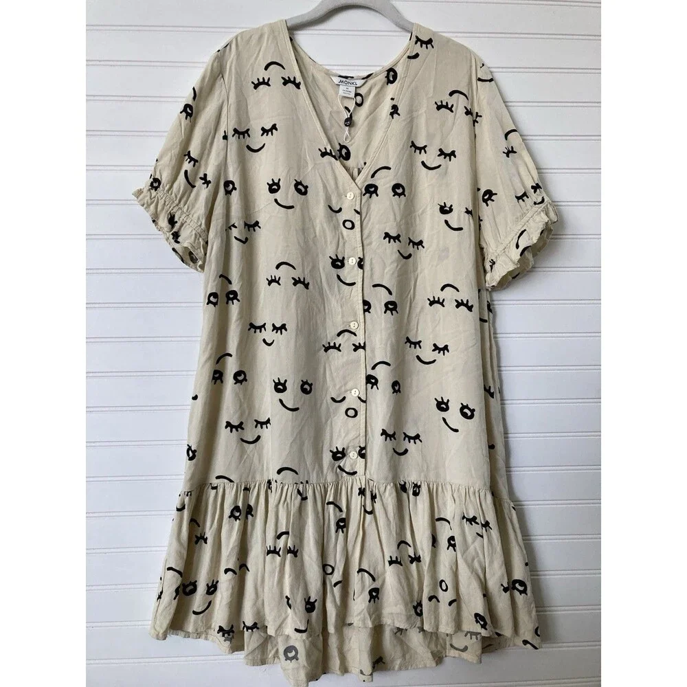 Monkl Mini Dress Tunic Face Print MEDIUM Women Ruffle Hem Artsy Quirky Boho
